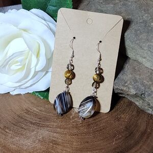 Hand Crafted Earrings with Tiger Eye Beads, Striped Agate & Crystal Bead Accents
